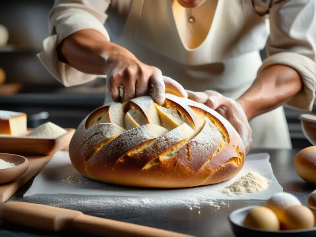 Un panadero profesional modelando expertamente una hogaza de pan de masa madre con técnicas avanzadas de panadería