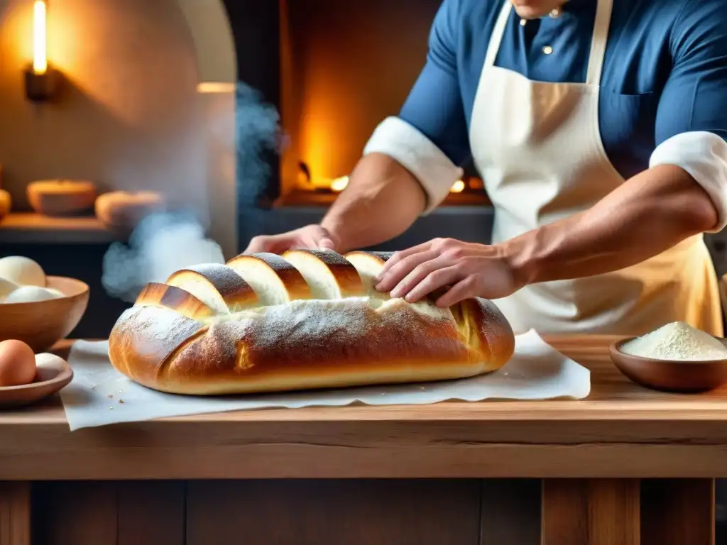 Un panadero profesional elabora con meticulosidad un pan relleno gourmet, con ingredientes de alta calidad y técnicas expertas