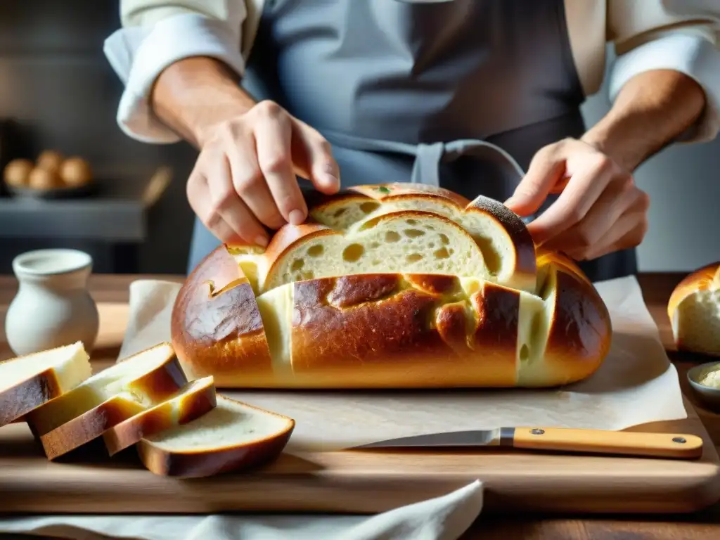 Un panadero profesional rellena con maestría un pan gourmet