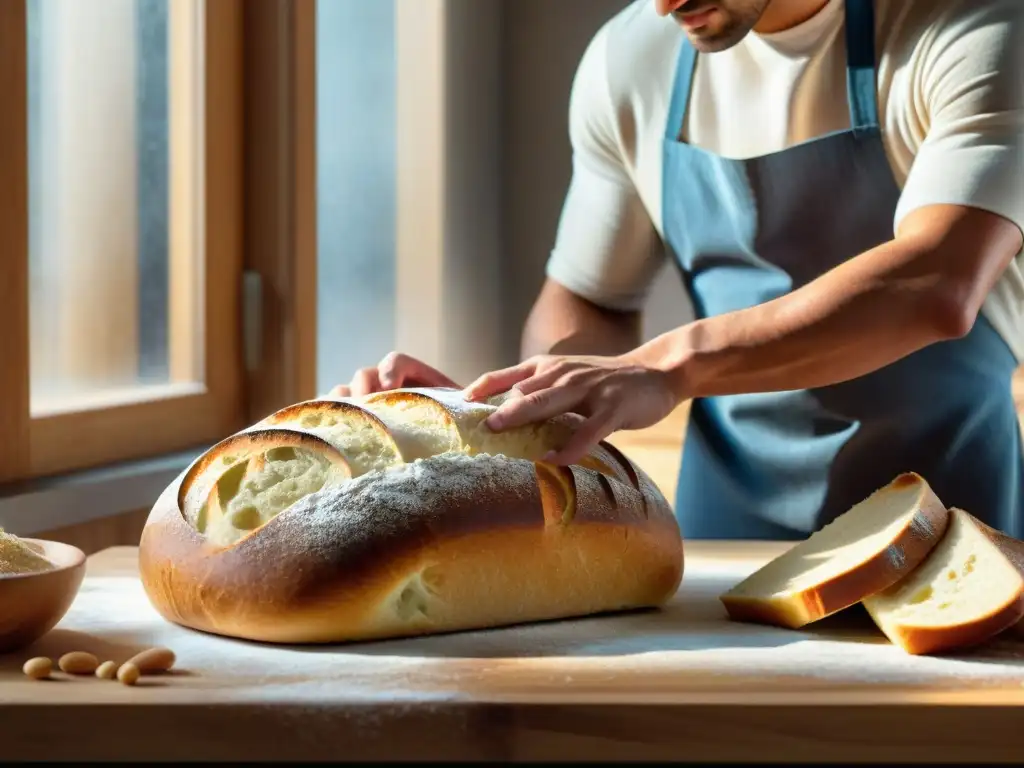 Un panadero profesional ejecuta técnicas avanzadas en un pan artesanal perfectamente fermentado