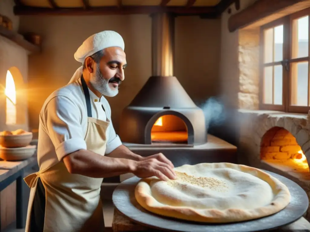 Un panadero turco tradicional estira y lanza la masa para hacer pan lavash en un horno de piedra, rodeado de diversas variedades de panes planos