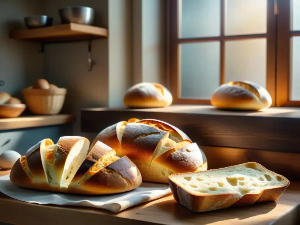 Panes fáciles sin amasar: Escena de panadería artesanal con pan recién horneado en una cocina rústica iluminada por el sol