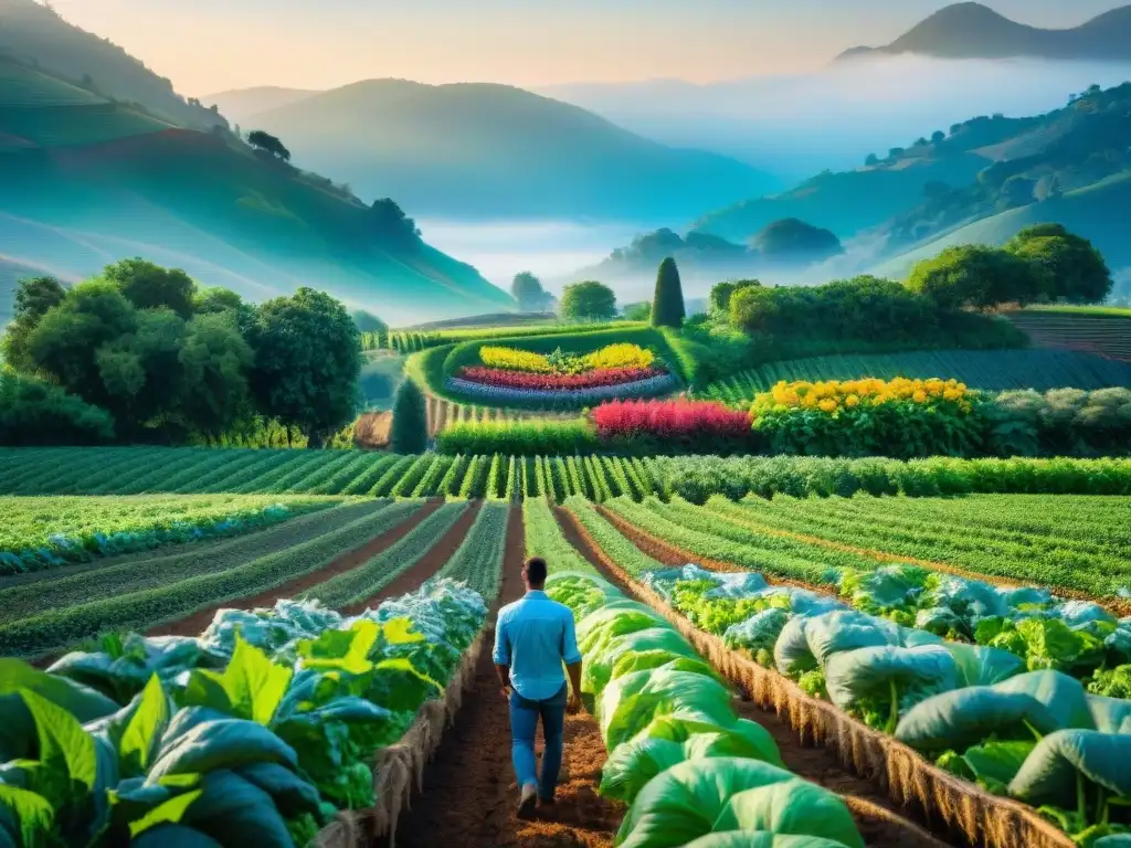 Un paraíso de alimentos orgánicos: granja vibrante con cultivos coloridos y agricultor cuidando la cosecha, bajo cielo azul