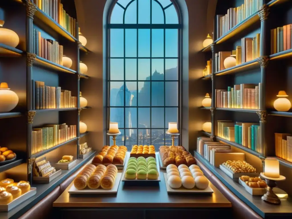 Un paraíso culinario: Libros de cocina chefs pastelería en una biblioteca llena de obras maestras dulces y luz cálida