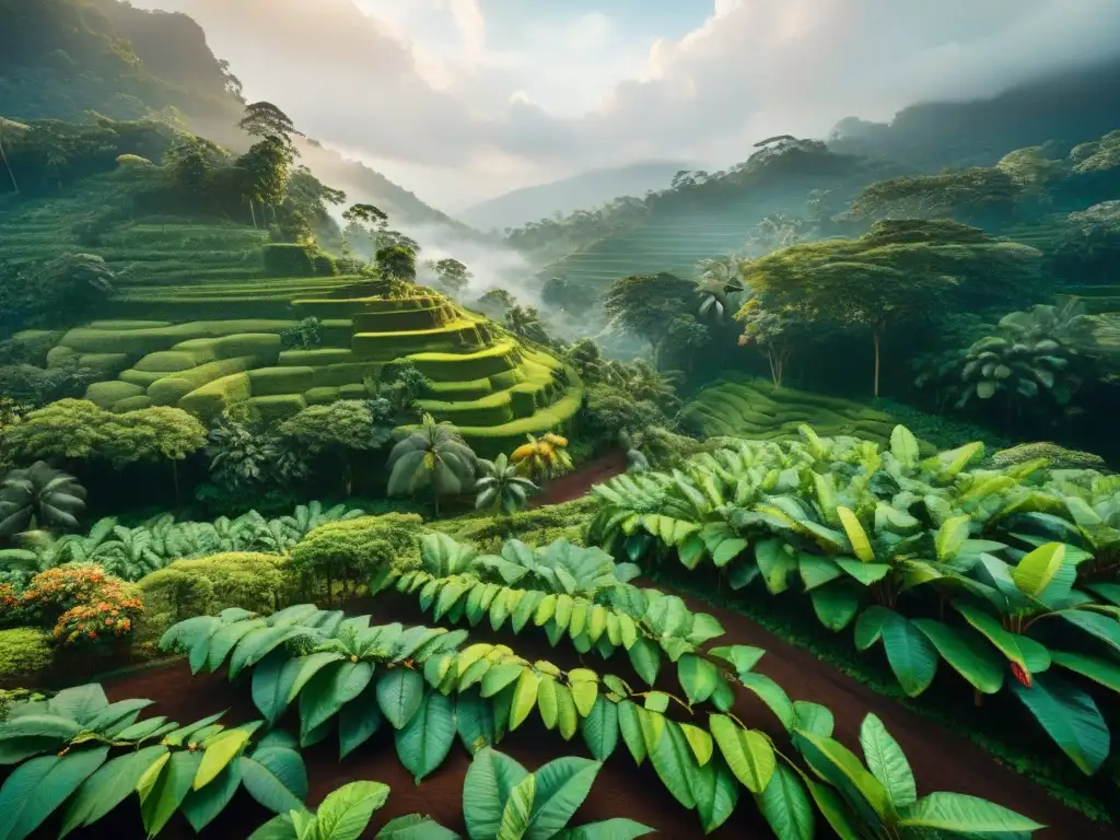 Un paraíso exótico de cacao en la selva tropical, con árboles verdes cargados de vainas maduras bajo la luz filtrada y una neblina suave al fondo