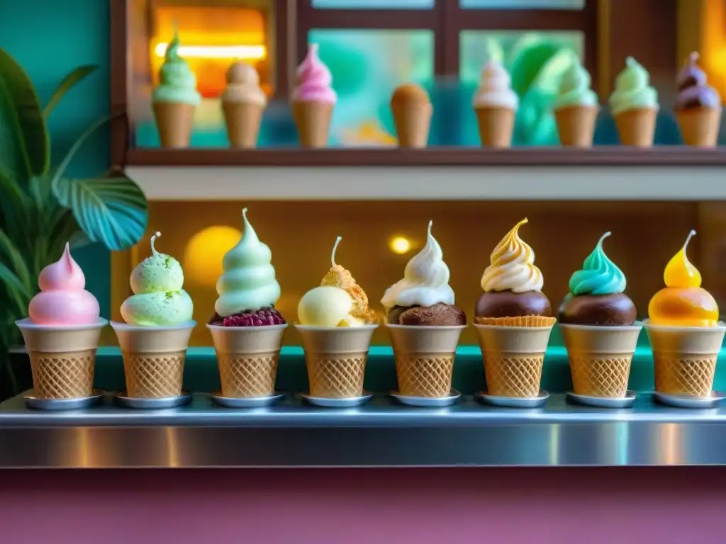 Un paraíso de helados exóticos sabores increíbles en una heladería vibrante y colorida