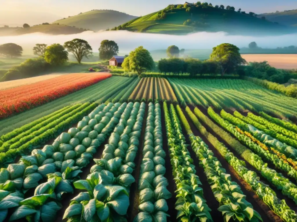 Un paraíso sostenible y abundante en una granja al atardecer