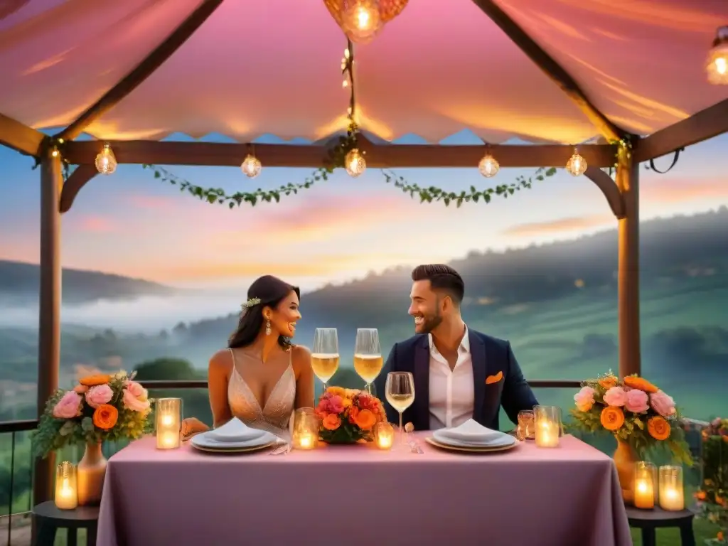 Una pareja brinda con champán en una mesa elegante bajo luces de hadas en un festival de comida al aire libre romántico