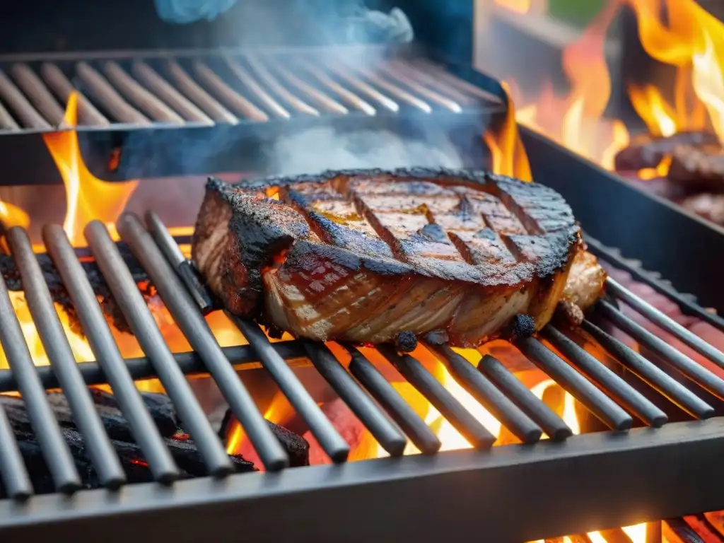 Una parrilla ardiente con los mejores cortes de carne asados, rodeada de humo y llamas, en una atmósfera de asador de clase mundial