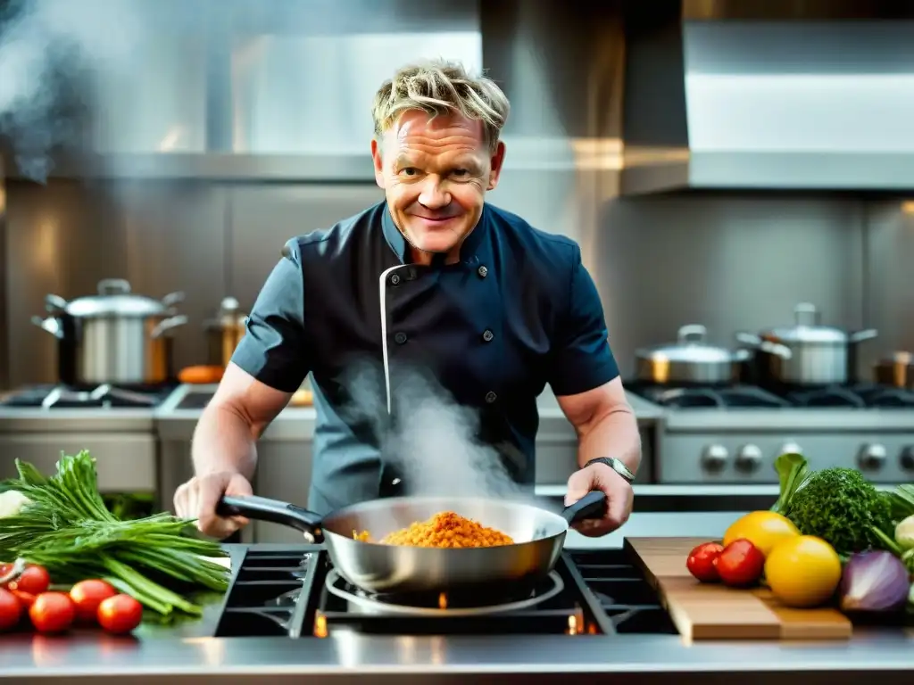 Gordon Ramsay prepara con pasión una obra maestra culinaria en su cocina profesional, rodeado de ingredientes frescos y utensilios de acero inoxidable