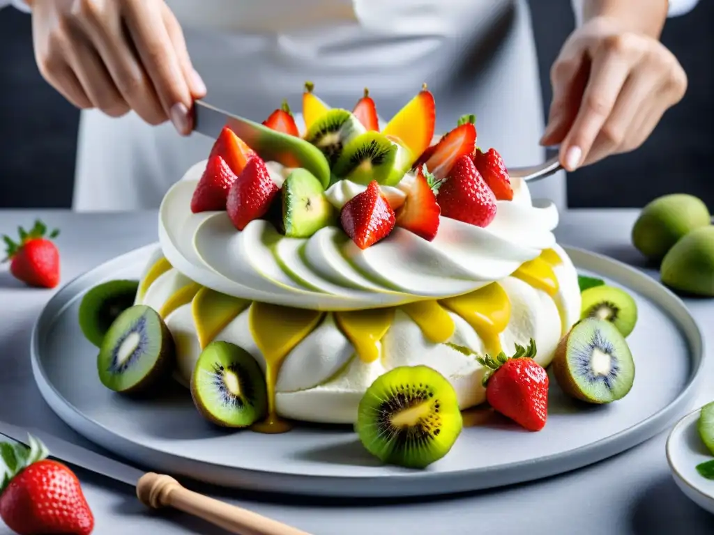 Un paso a paso de la elaboración de una exquisita Pavlova, con merengue, frutas frescas y crema, destacando cada detalle de esta fácil receta