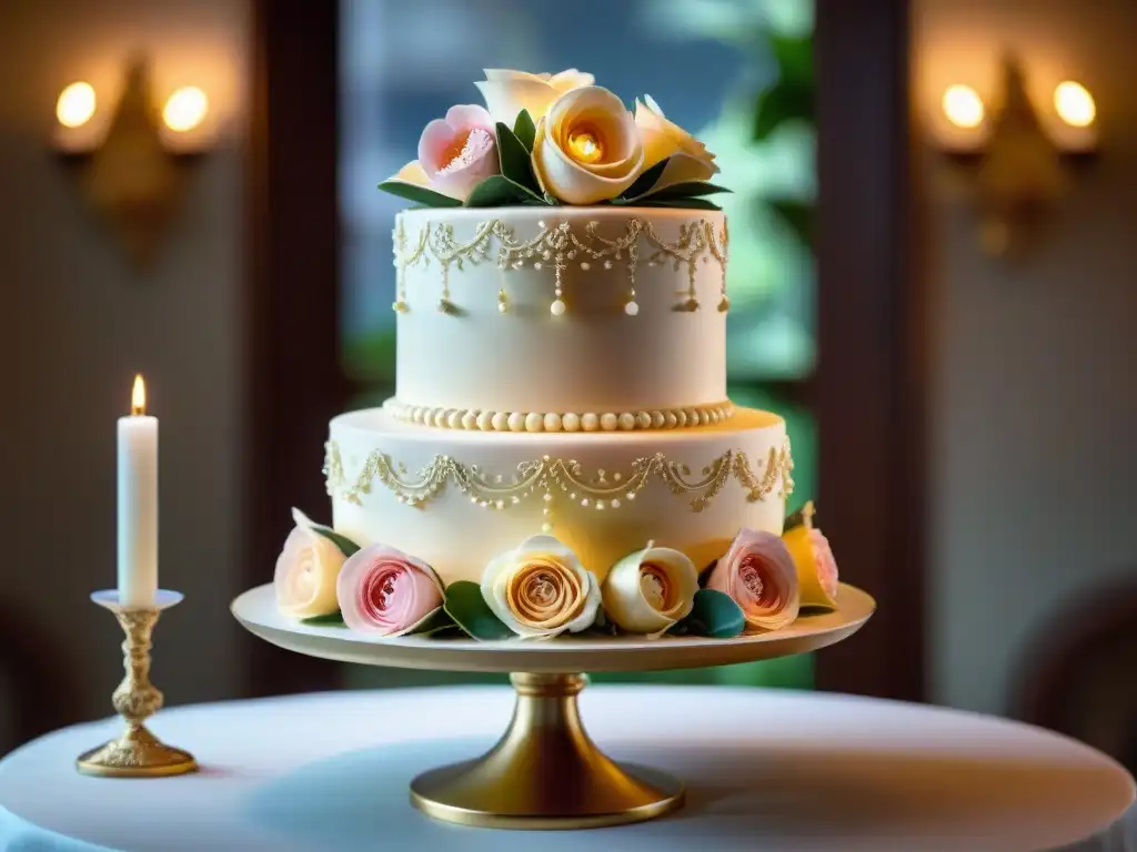 Un pastel de boda decorado con flores de azúcar, creando una atmósfera elegante y romántica