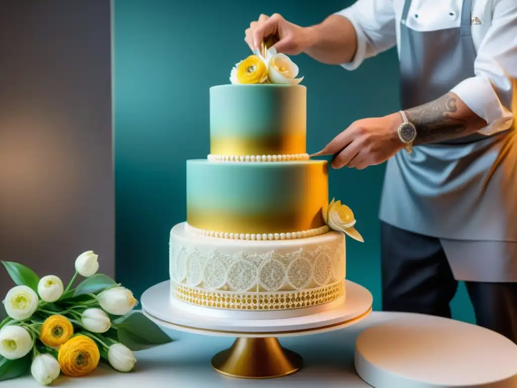 Un pastel de bodas exquisitamente decorado por un hábil chef pastelero que demuestra técnicas de repostería fina gourmet