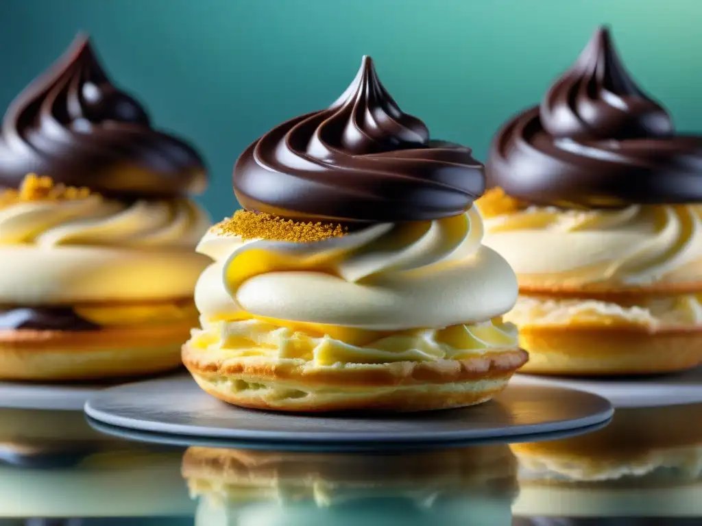 Un pastel Religieuse Francés Exquisito, con detalles dorados y cremas de chocolate y café