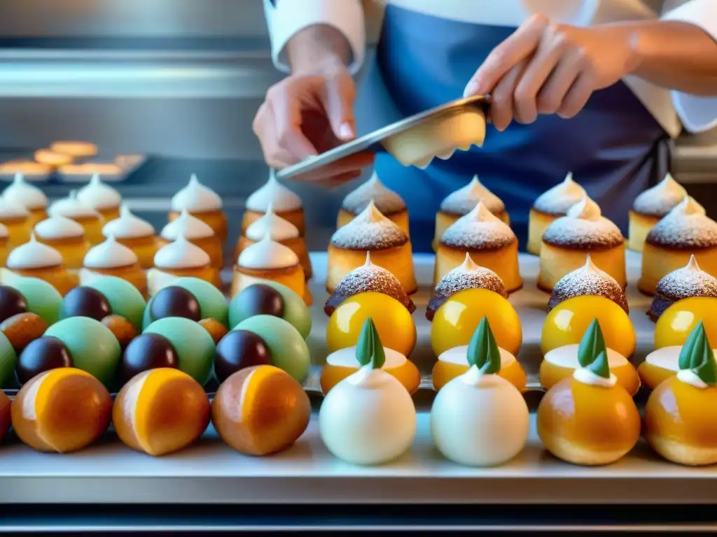 Una pastelería francesa llena de exquisiteces, con un chef decorando un croquembouche, rodeado de una cocina cálida y vibrante