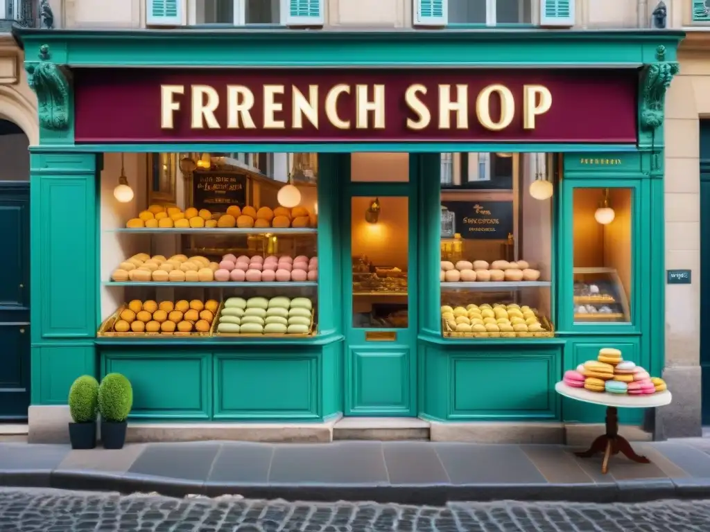 Pastelería francesa tradición y tendencias en una encantadora calle empedrada de París, con coloridos macarons y exquisitos pasteles