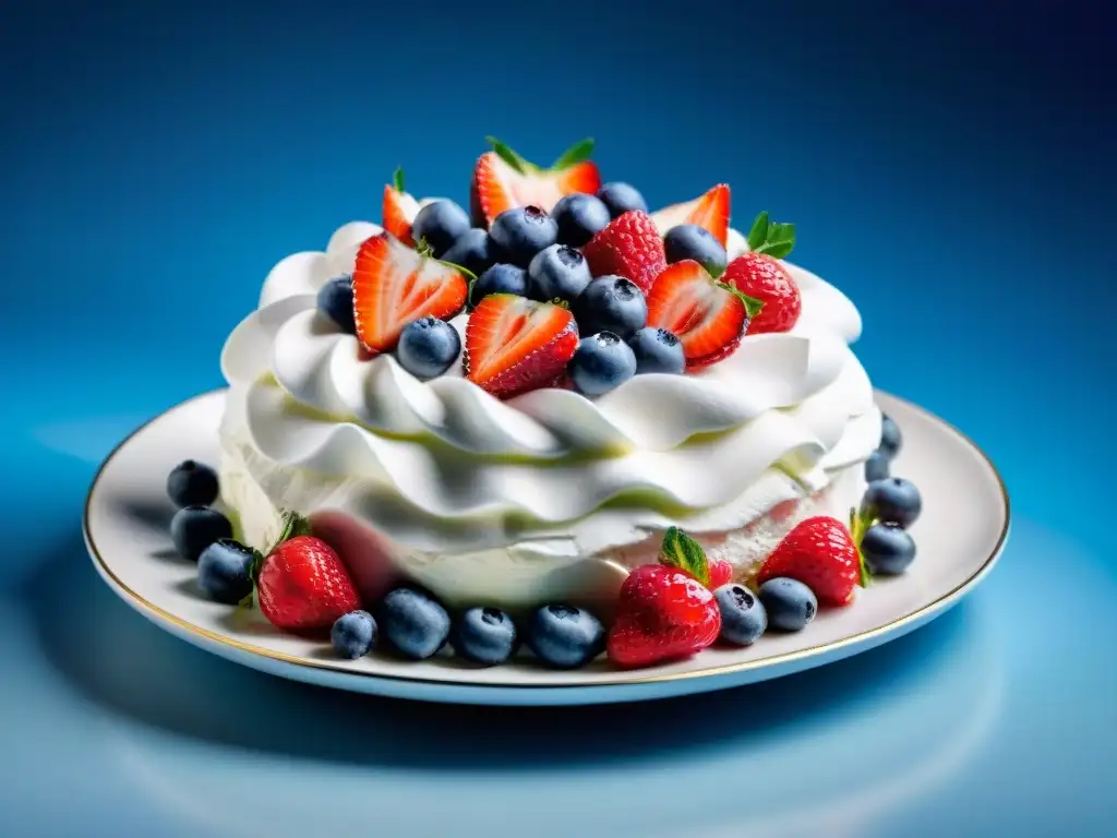 Pavlova receta fácil paso a paso: Exquisita Pavlova con frutos rojos sobre plato blanco