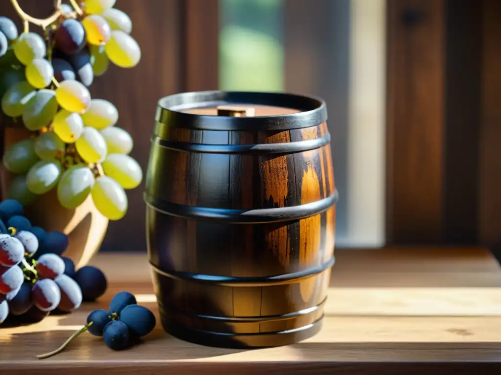 Pequeño barril de madera con vinagre balsámico, uvas frescas y detalles dorados en una mesa rústica