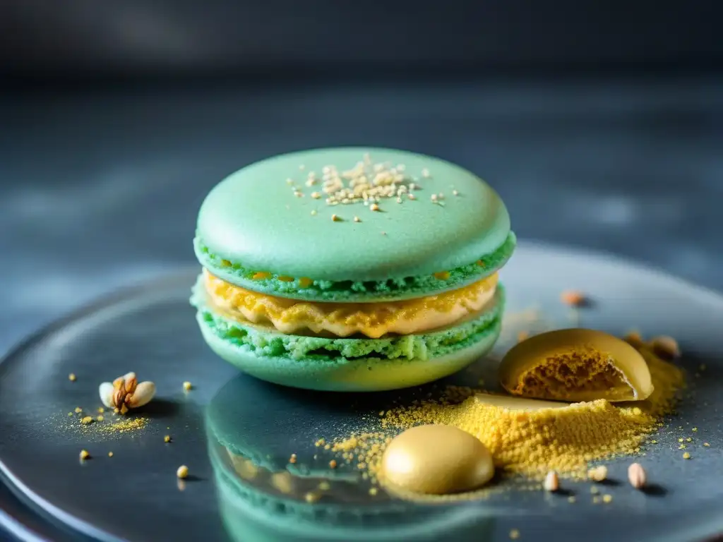 Un macaron perfecto en tono pastel, relleno de ganache, decorado con polvo de oro comestible, sobre una encimera de mármol