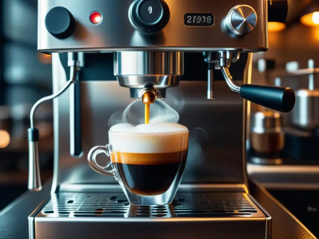 Preparación Espresso Perfecto Variables: Detalle ultrarrealista de una moderna máquina de espresso en un café ambientado con elegancia