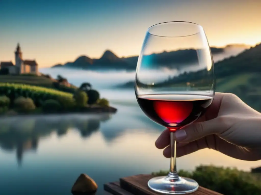 Un perfil sensorial de vinos Nuevo Mundo: mano sostiene copa de cristal con vino tinto, reflejos y refracciones cautivadoras