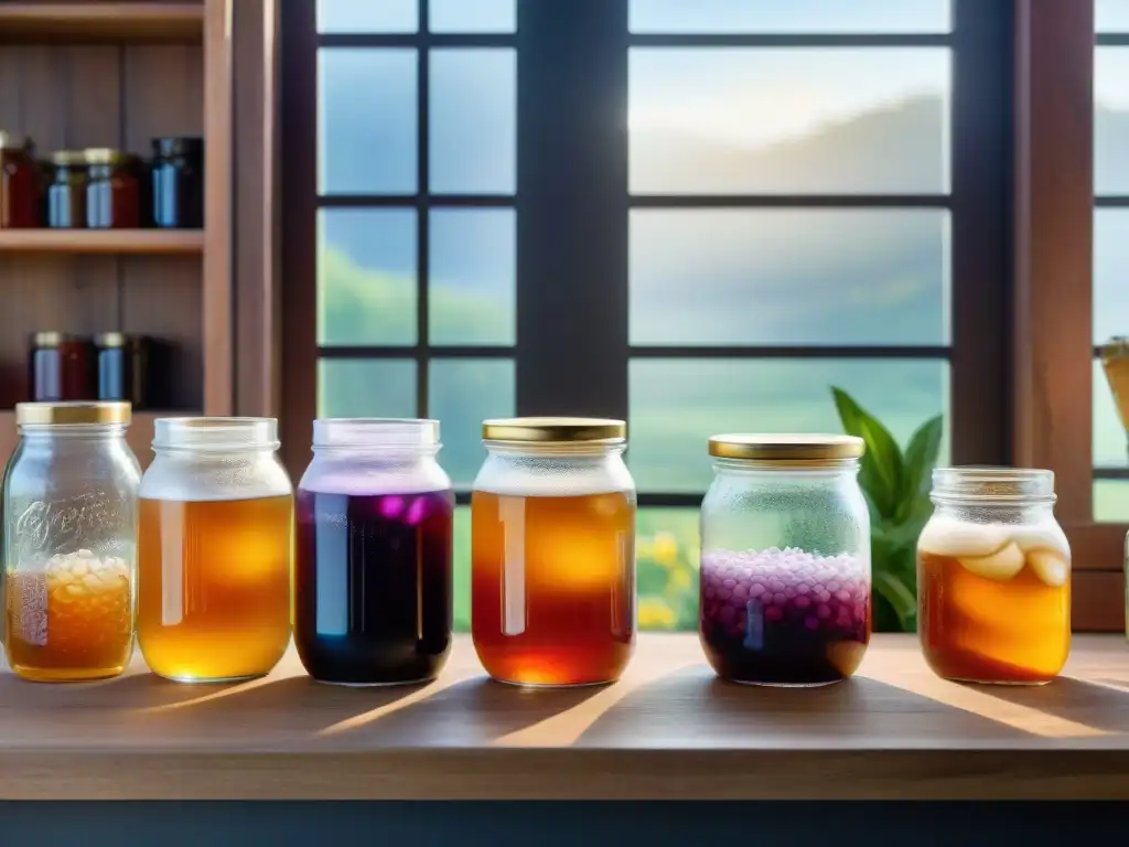 Degustación Kombucha con perfiles de sabor complejos en tarros de fermentación, colores vibrantes y luz cálida en mesa rústica