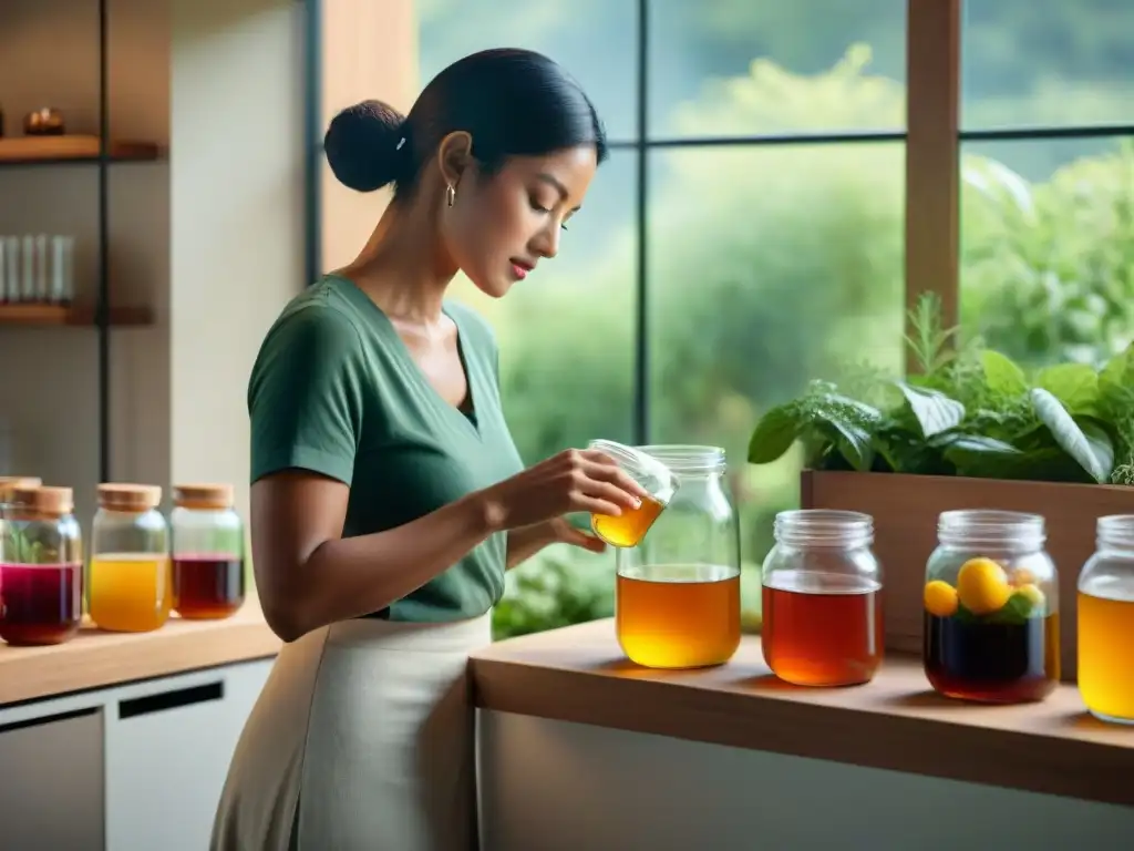 Persona preparando Kombucha en habitación serena con vista a jardín verde