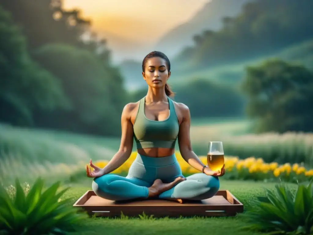 Persona practicando yoga al amanecer en la hierba con Kombucha, transmitiendo serenidad y bienestar