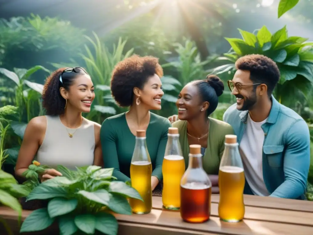 Personas de todas las edades y etnias disfrutan de kombucha en un jardín sostenible