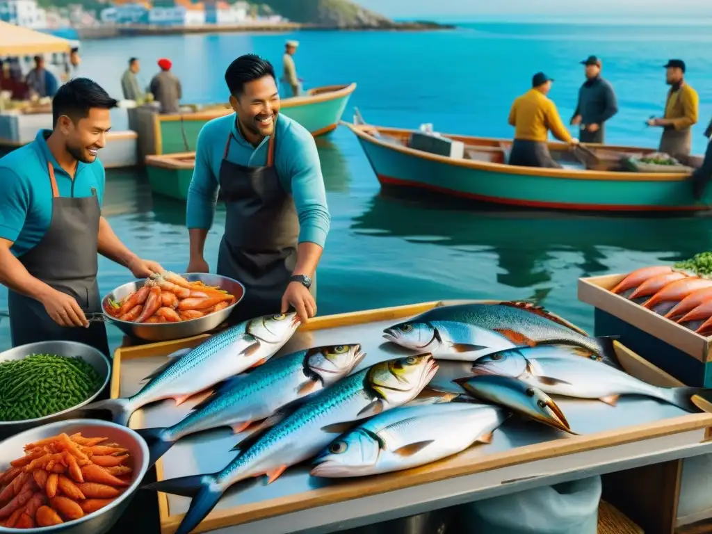 Explorando la pesca sostenible gourmet en un bullicioso mercado de mariscos, con puestos coloridos rebosantes de pescado fresco y marisco