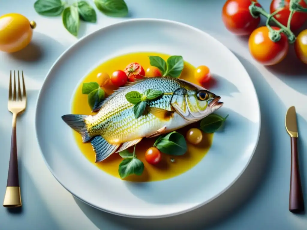 Pescado dorado alta cocina: Un dorado brillante sobre plato blanco con hierbas verdes, tomates y limón