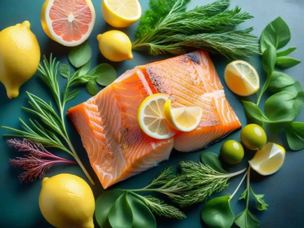 Pescados premium beneficios salud: variedad de pescados frescos sobre lecho de verduras vibrantes con hierbas y limón, ¡irresistible frescura y color!