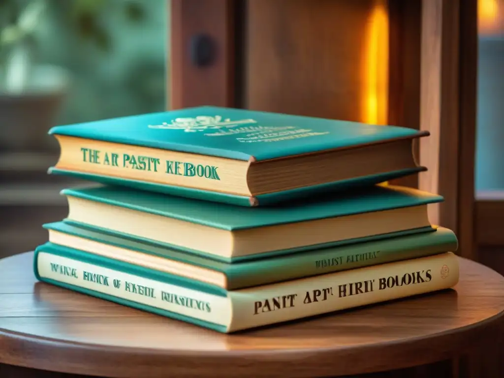 Una pila de nostálgicos libros de cocina de chefs pastelería en una mesa de madera rústica, iluminados por el sol