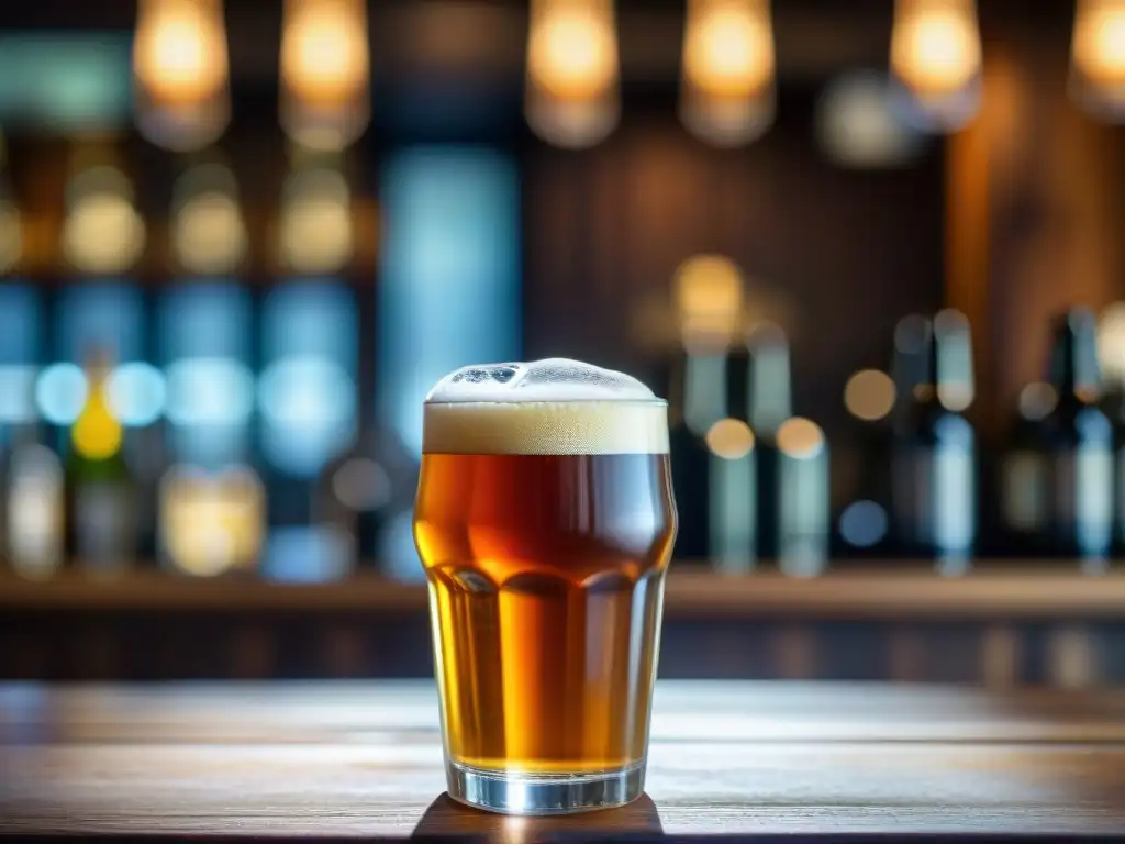 Un pint de cerveza Nitro con burbujas de nitrógeno formando una espuma cremosa, en un elegante ambiente de bar