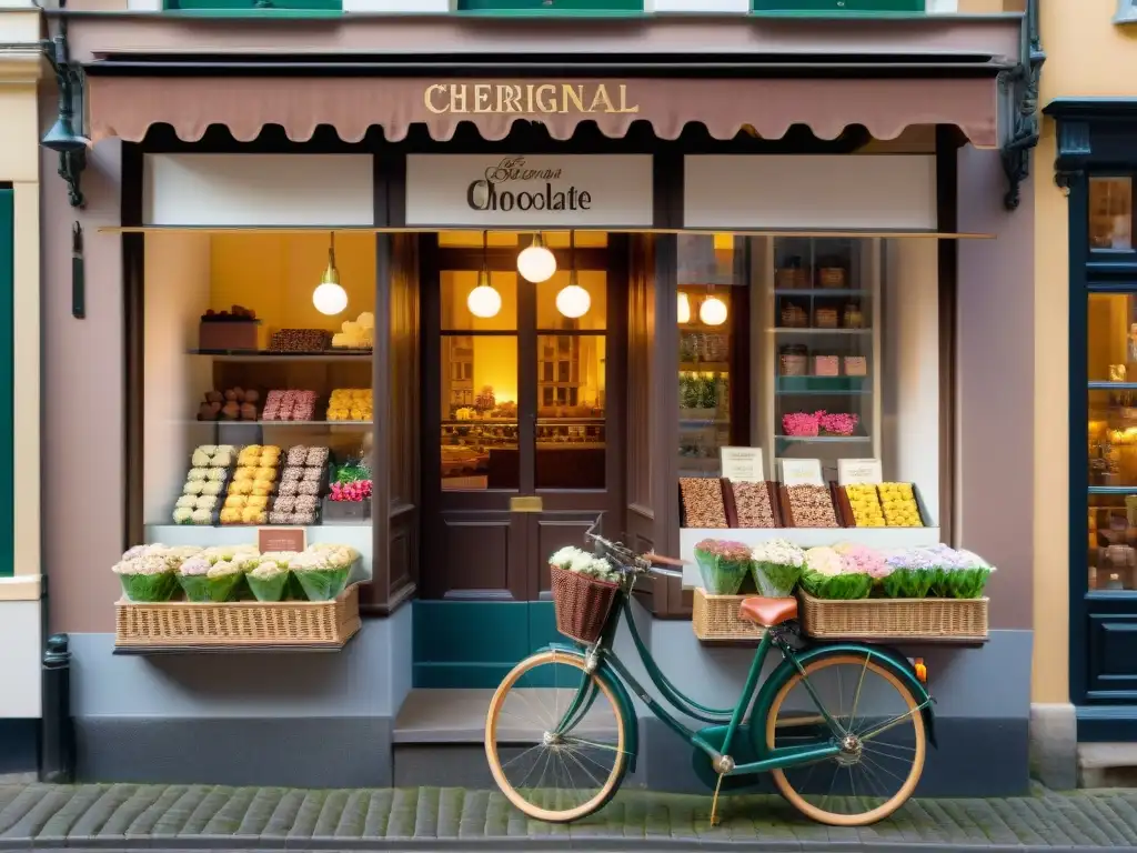 Pintoresca calle de adoquines en Bélgica con tiendas de chocolate artesanal