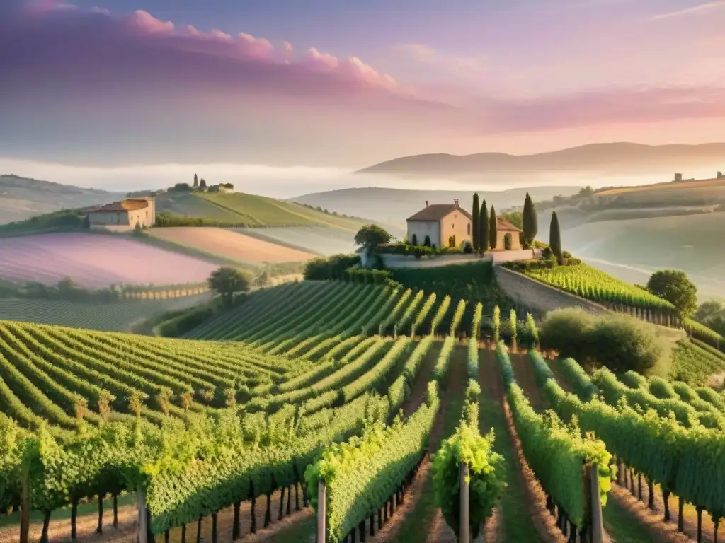 Una pintoresca vista de un viñedo en la campiña francesa al atardecer con la Ruta del vino bodegas Francia