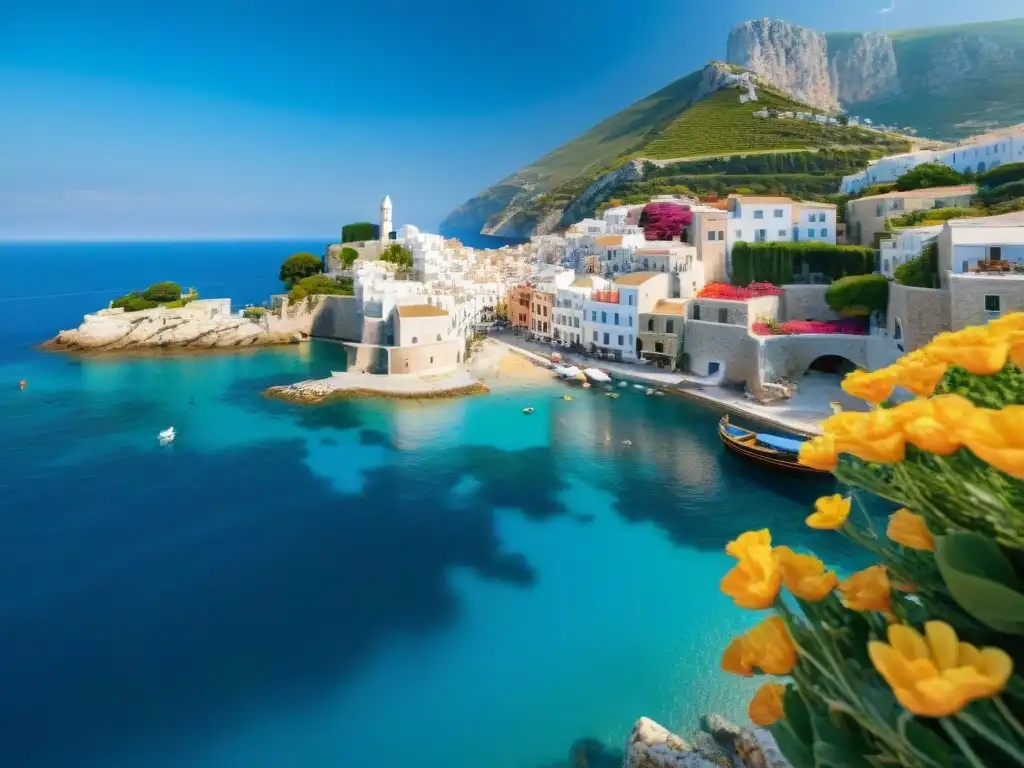 Pintoresco pueblo mediterráneo con edificios blancos y mar azul, reflejando el estilo de vida de la Dieta Mediterránea