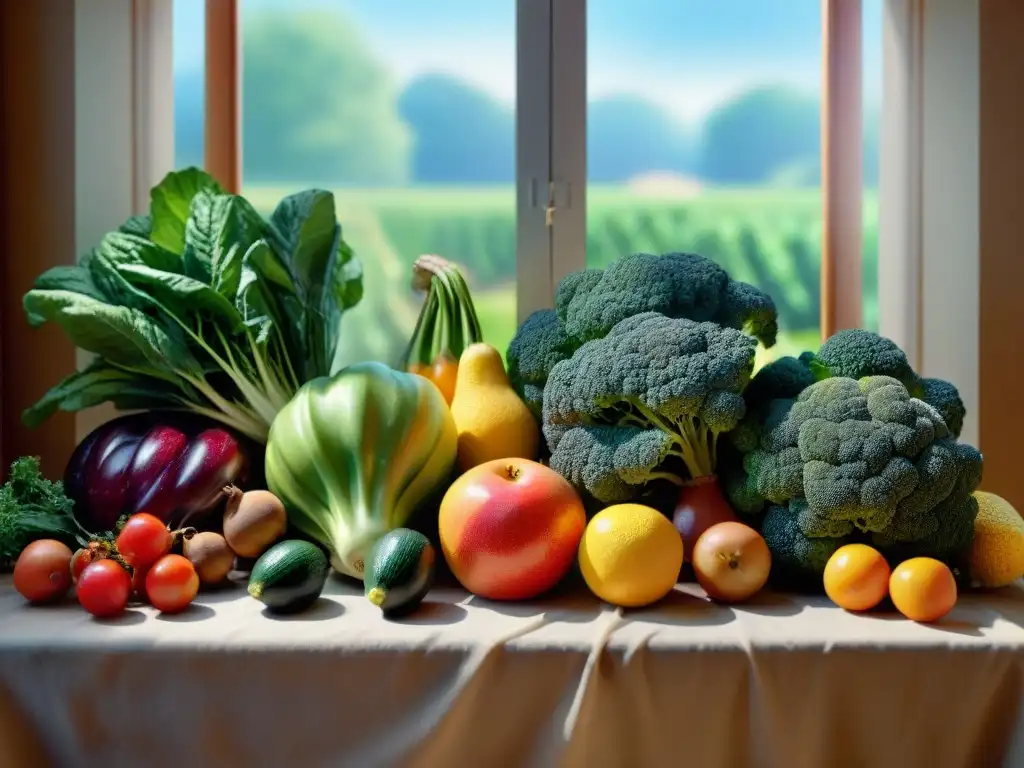 Una pintura detallada y realista de frutas y verduras frescas bajo una ventana iluminada naturalmente