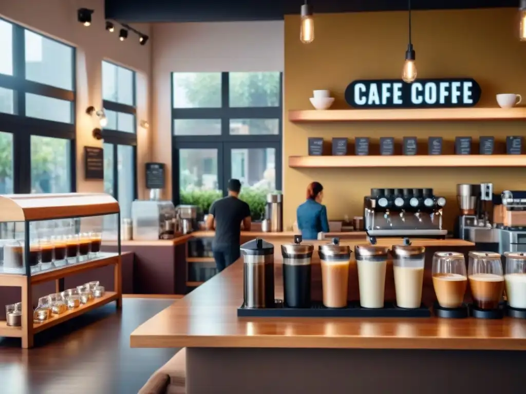 Pioneros de la revolución del café de especialidad en un bullicioso café, con baristas meticulosos preparando café de diversas formas