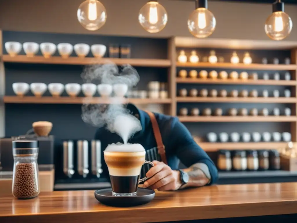 Pioneros de la revolución del café de especialidad: barista creando arte latte en cafetería moderna y acogedora