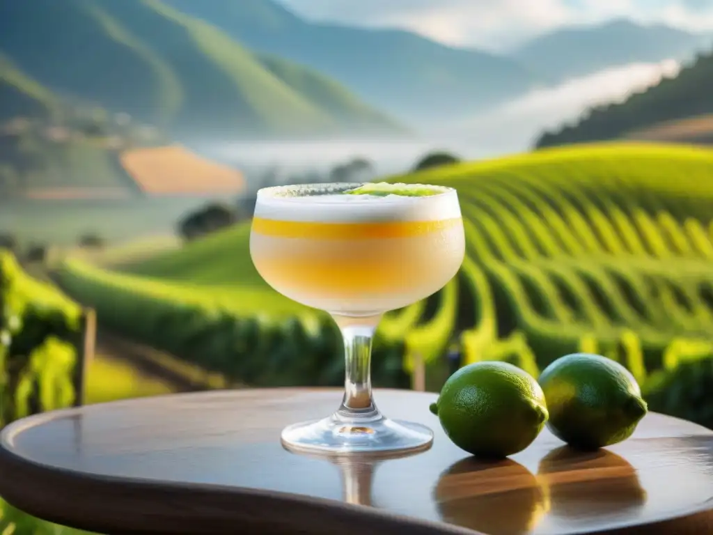 Un Pisco sour en copa tradicional peruana, resplandeciente bajo el sol dorado sudamericano en viñedos verdes