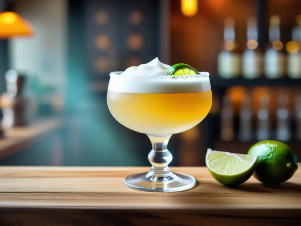 Un Pisco Sour peruano tradicional en una copa de cristal, decorado con lima y bíter, sobre un mostrador de madera