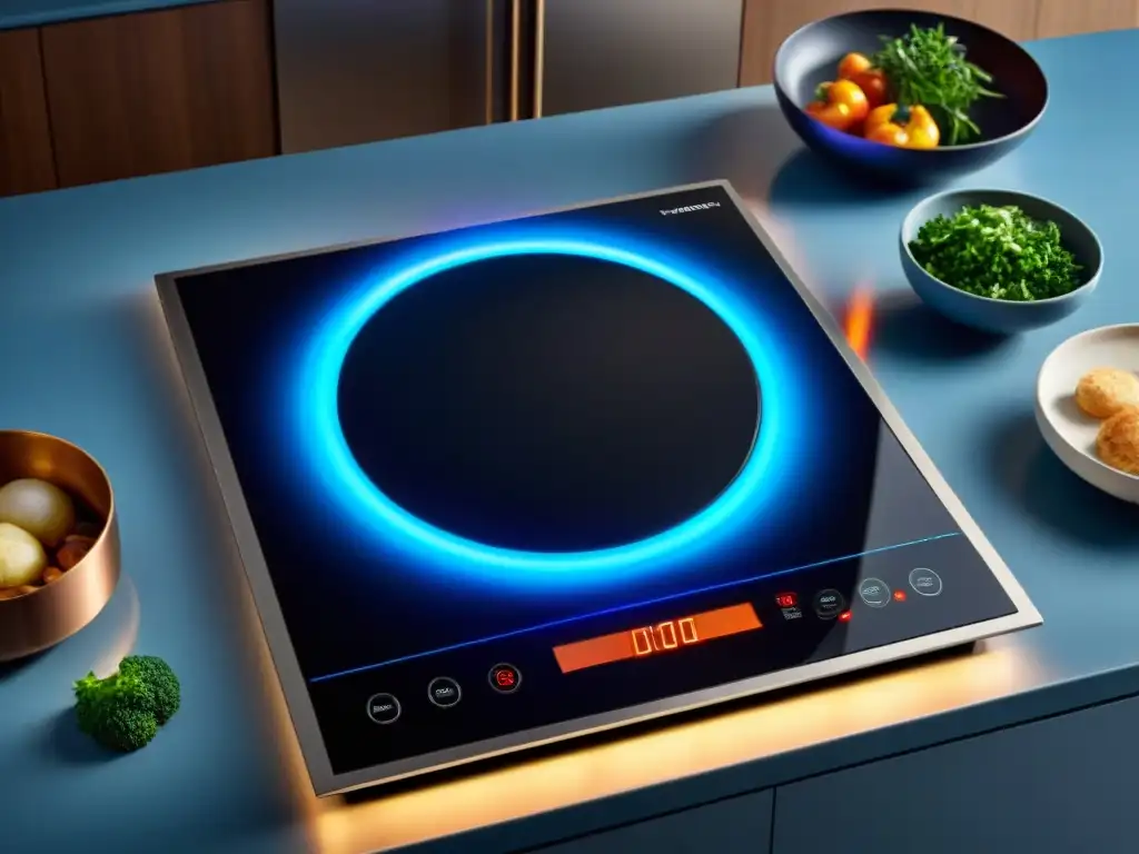 Una placa de inducción de alta gama en una cocina moderna y elegante, con controles táctiles y fuego azul vibrante