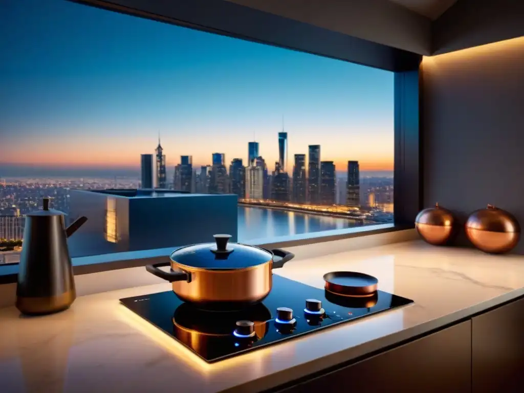 Placas de inducción alta gama en cocina elegante y sofisticada con vista urbana al atardecer