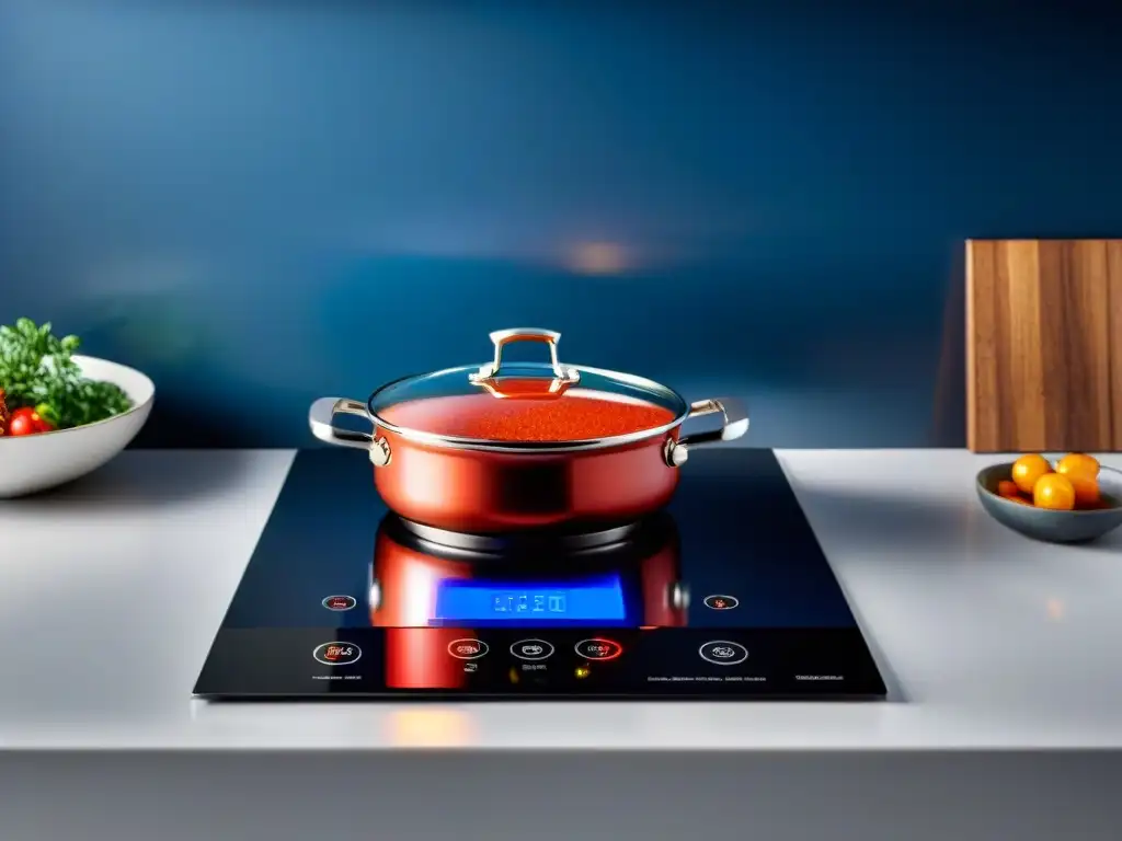 Placas de inducción alta gama en elegante cocina moderna con salsa de tomate rojo burbujeante