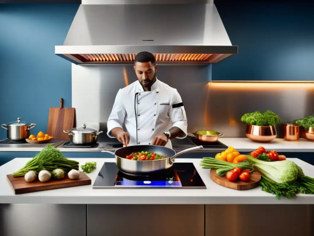 Placas de inducción alta gastronomía en cocina profesional con tecnología avanzada y chef preparando ingredientes