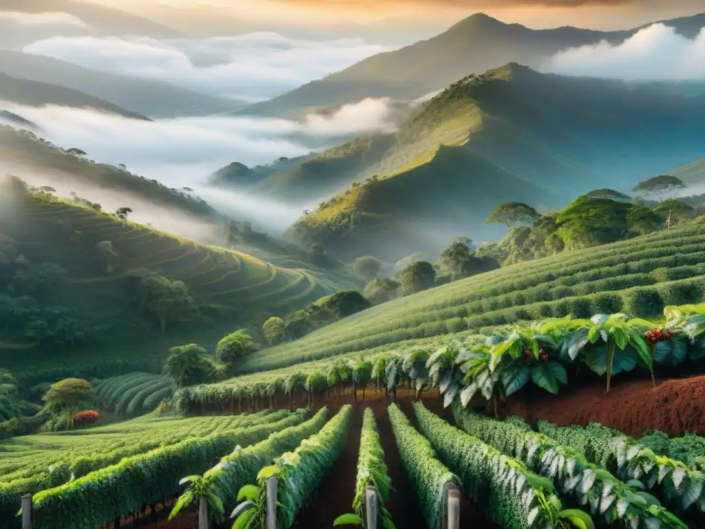 Una plantación de café y cacao en la neblina de Colombia al amanecer