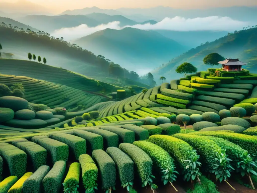 Una plantación de té en Darjeeling al amanecer, con una mujer recolectando hojas de té