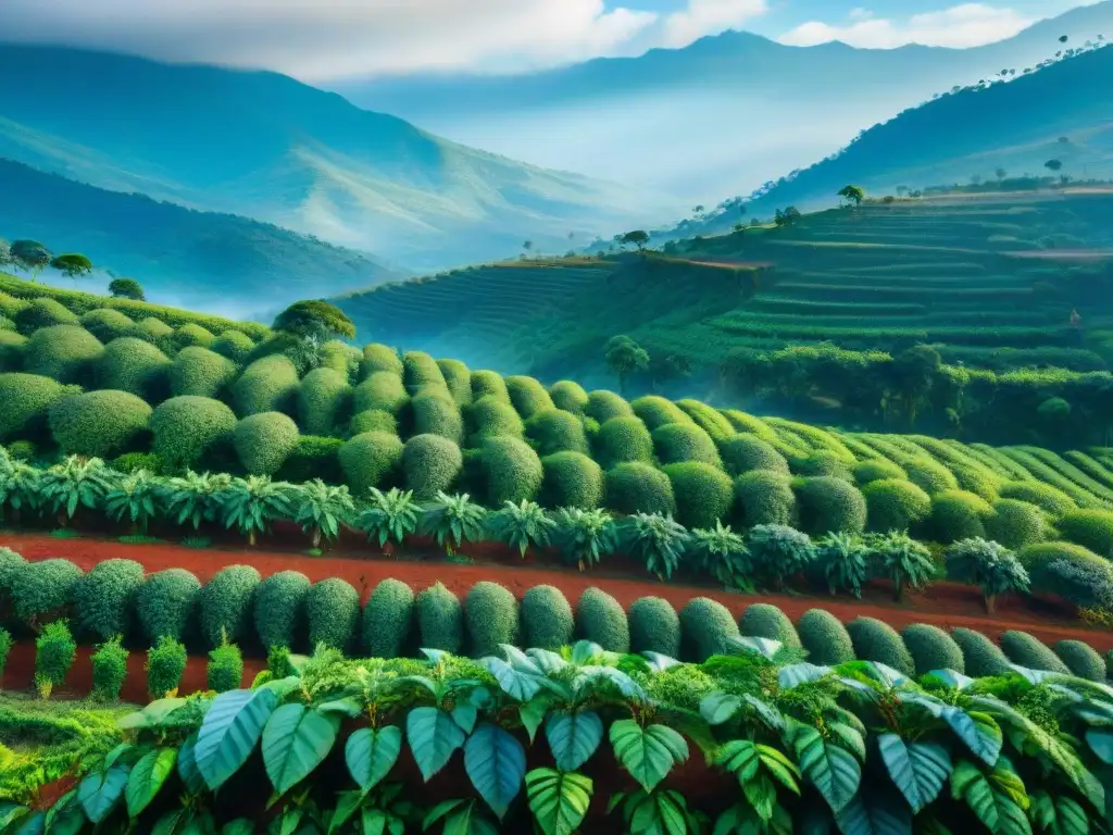 Plantaciones de café exuberantes en Etiopía, con cafetales verdes bajo cielo azul