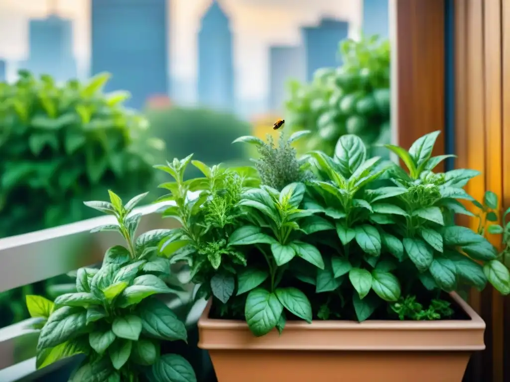 Plantas aromáticas en balcón gourmet: vibrante jardín con hierbas como albahaca, menta y romero, iluminadas por el sol